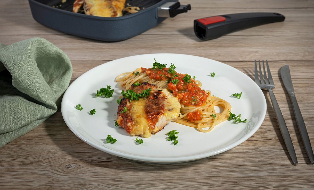 Überbackenes Hähnchen mit Pasta