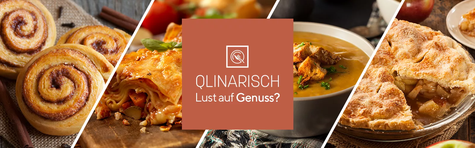 QLINARISCH Logo in der Mitte, links daneben Zimtrollen und Lasagne, rechts daneben Suppe und Kuchen
