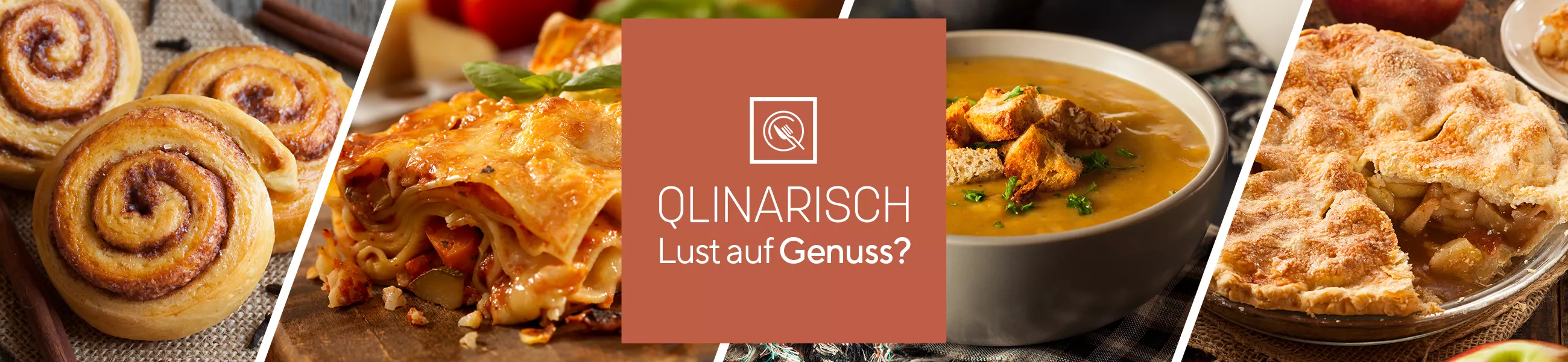 QLINARISCH Logo in der Mitte, links daneben Zimtrollen und Lasagne, rechts daneben Suppe und Kuchen
