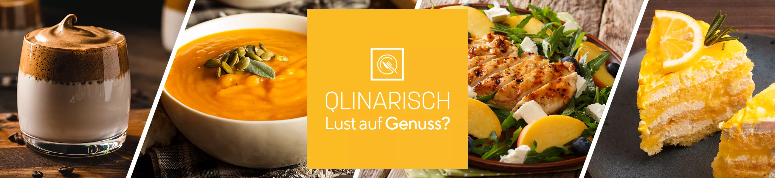 QLINARISCH Logo mit spätsommerlichen Leckerbissen wie Kürbissuppe und Limonentorte