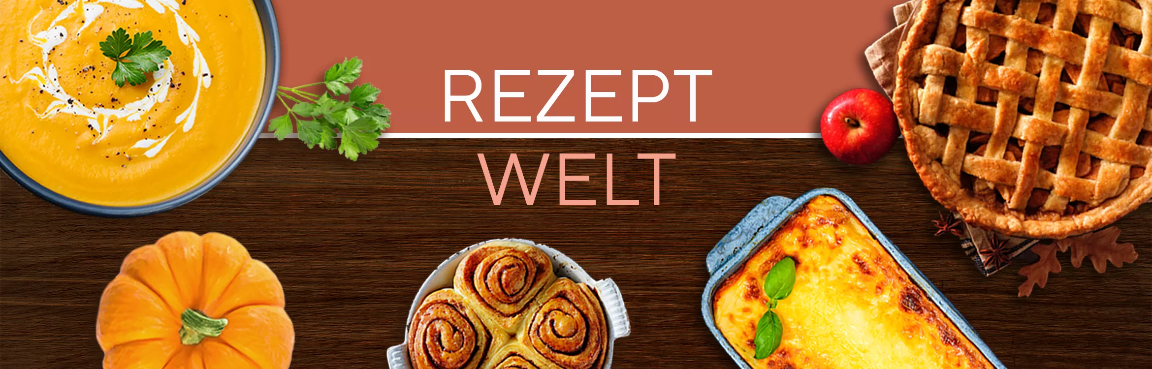 Kürbissuppe, Kürbis, Zimtrollen, Lasagne und Apfeltarte auf dunkelbraunem Grund