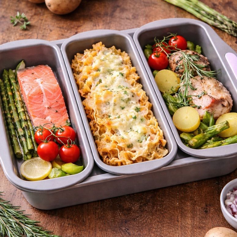 Hähnchen, Lachs und Pasta in Auflaufform