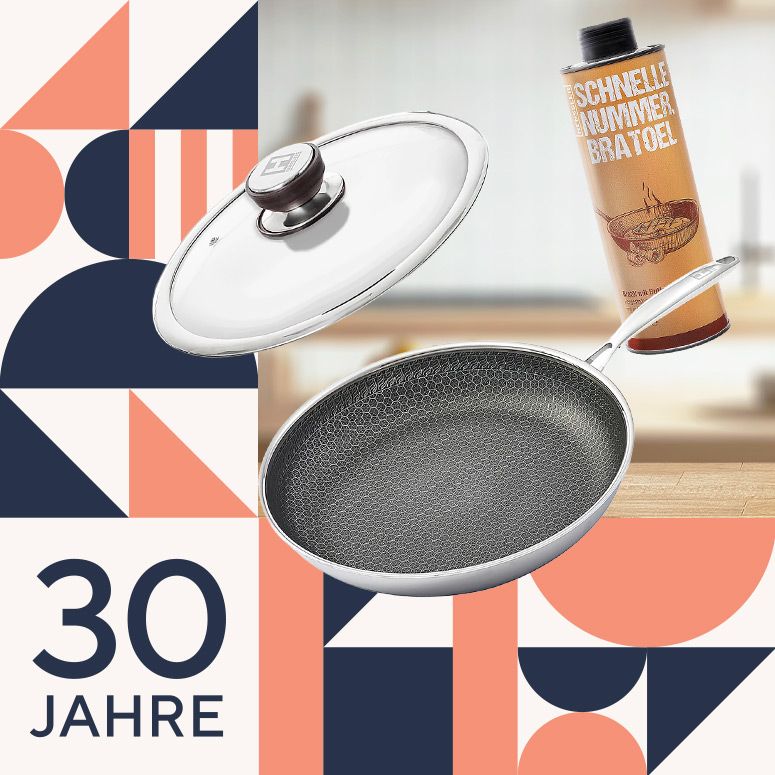 883576 HENSSLERS Edelstahl-Bratpfanne ⌀ 28cm inkl. Deckel und Bratöl mit Buttergeschmack