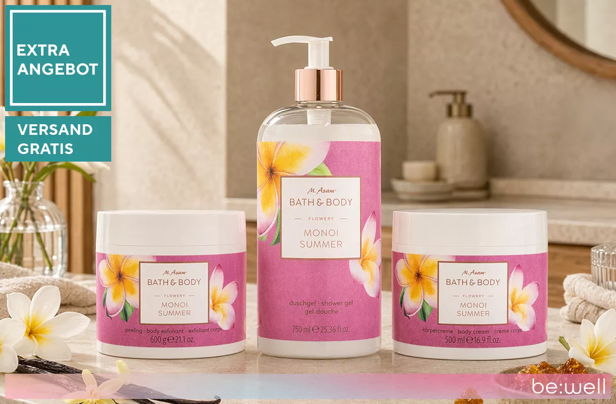Tagesangebot M. ASAM® Monoi Summer Duschgel 750 ml, Peeling 600 g & Körpercreme 500 ml