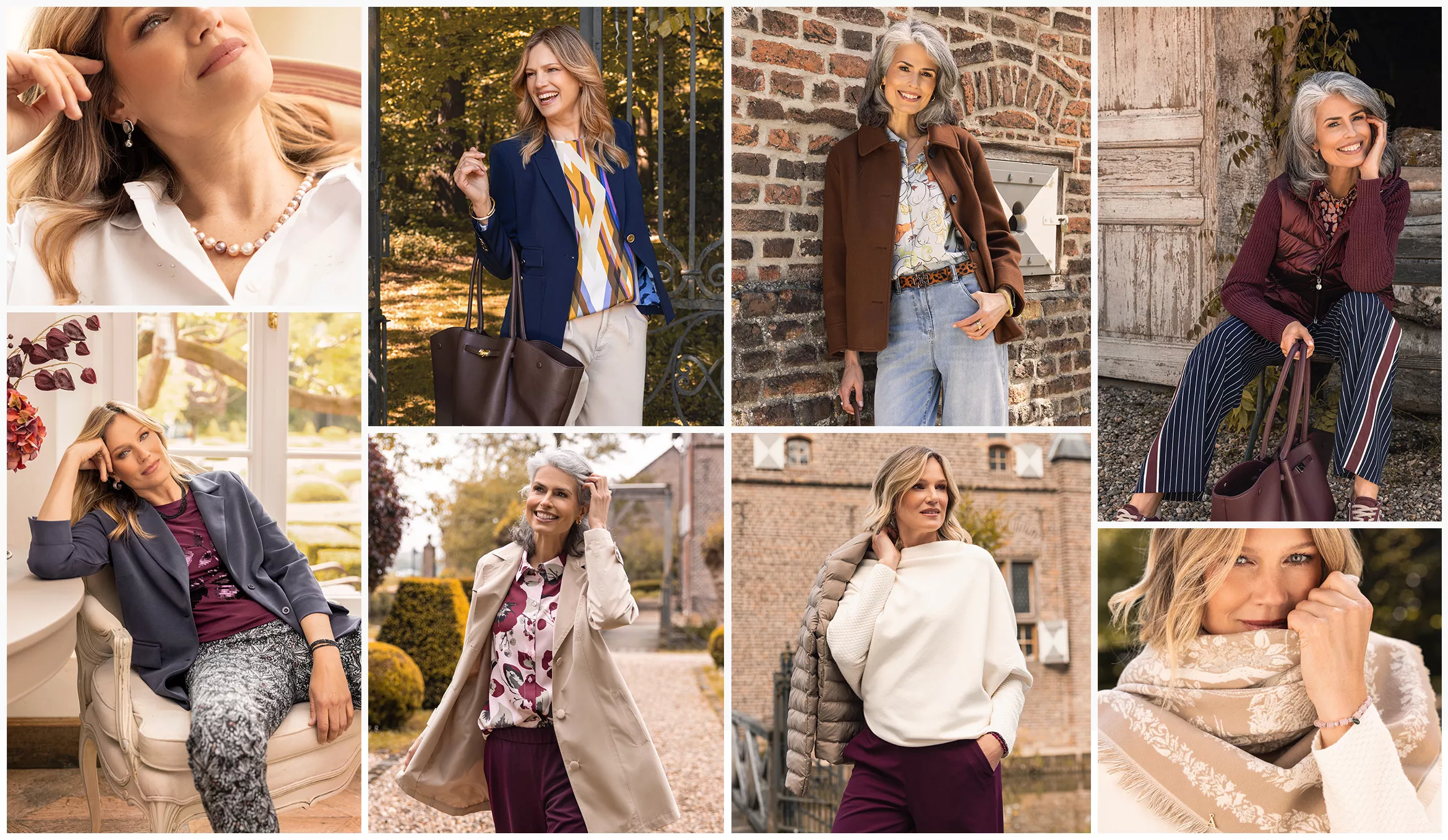 Q Collections Herbst-/Winter-Look mit Perlenkette, Blazer, Jacke, gemusterter Hose, Bluse, Pullover und Schal